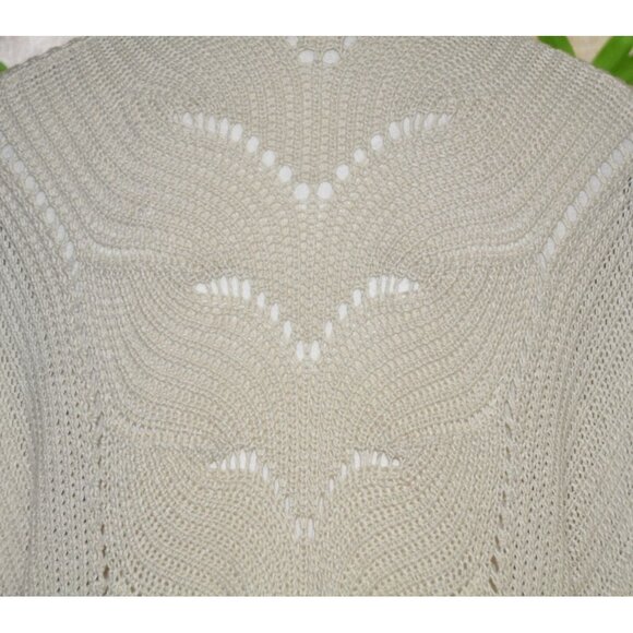Pink Rose Oatmeal Tan Crochet Open Front Cardigan Sweater Size M Pockets Office - Picture 8 of 12